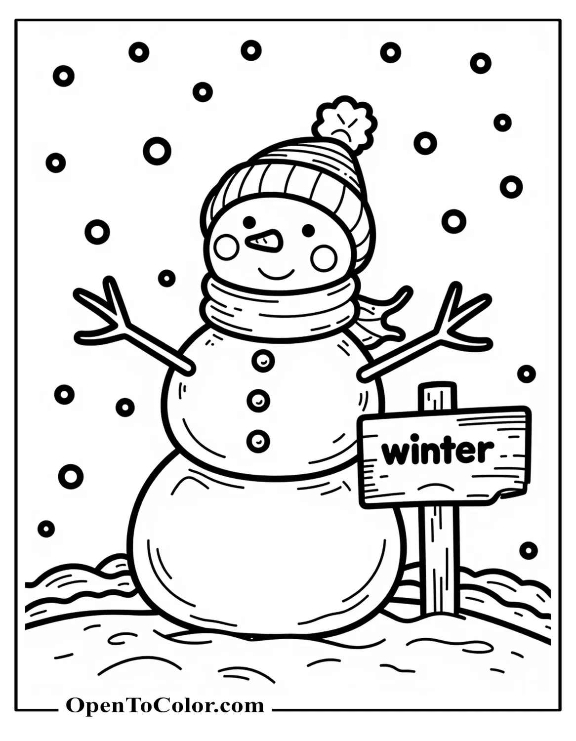 Snowman standing in falling snow with a tiny wooden sign that says Winter, printable coloring sheet.