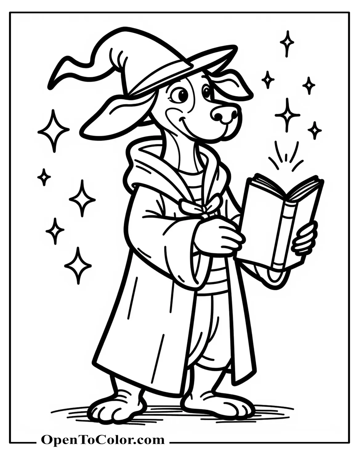 Free Coloring Page of Doberman Wizard with Pointed Hat and Short Cloak, Open Spell Book, and Sparkles