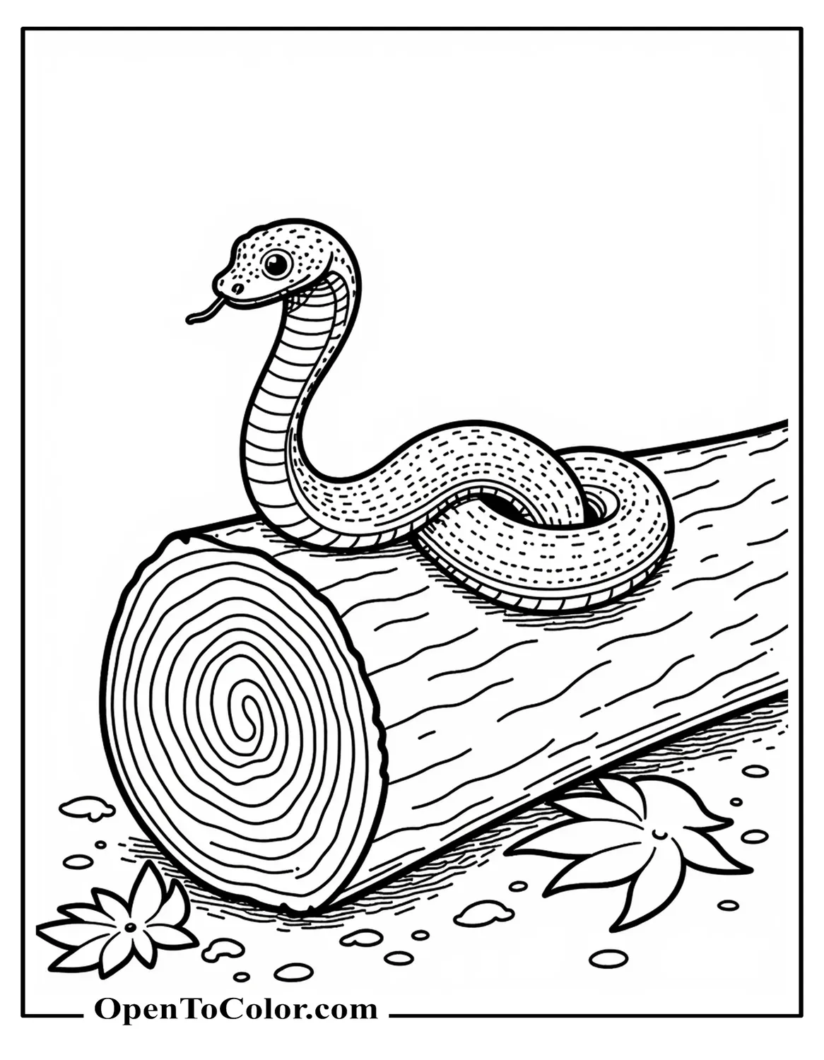 Snake resting on a fallen log with wood grain rings and a leaf, coloring sheet PDF.