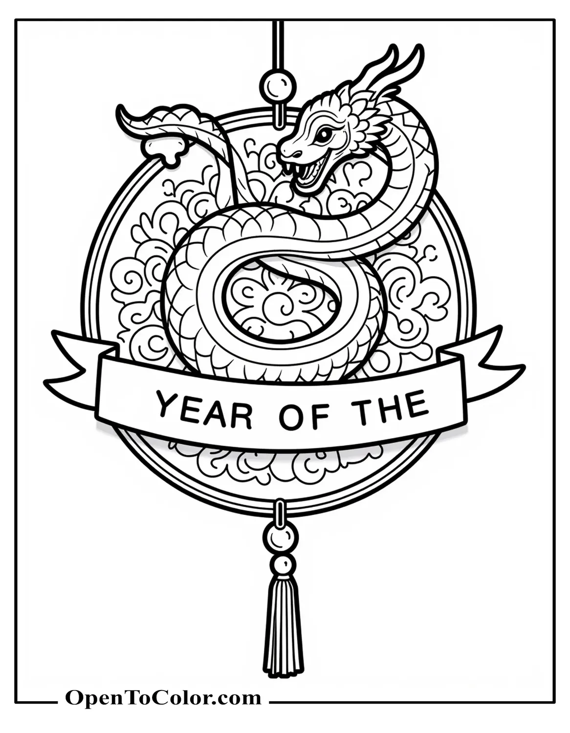 Printable Coloring Sheet: Snake Curling Around a Hanging Lunar Coin with a Banner That Reads Year of the Snake