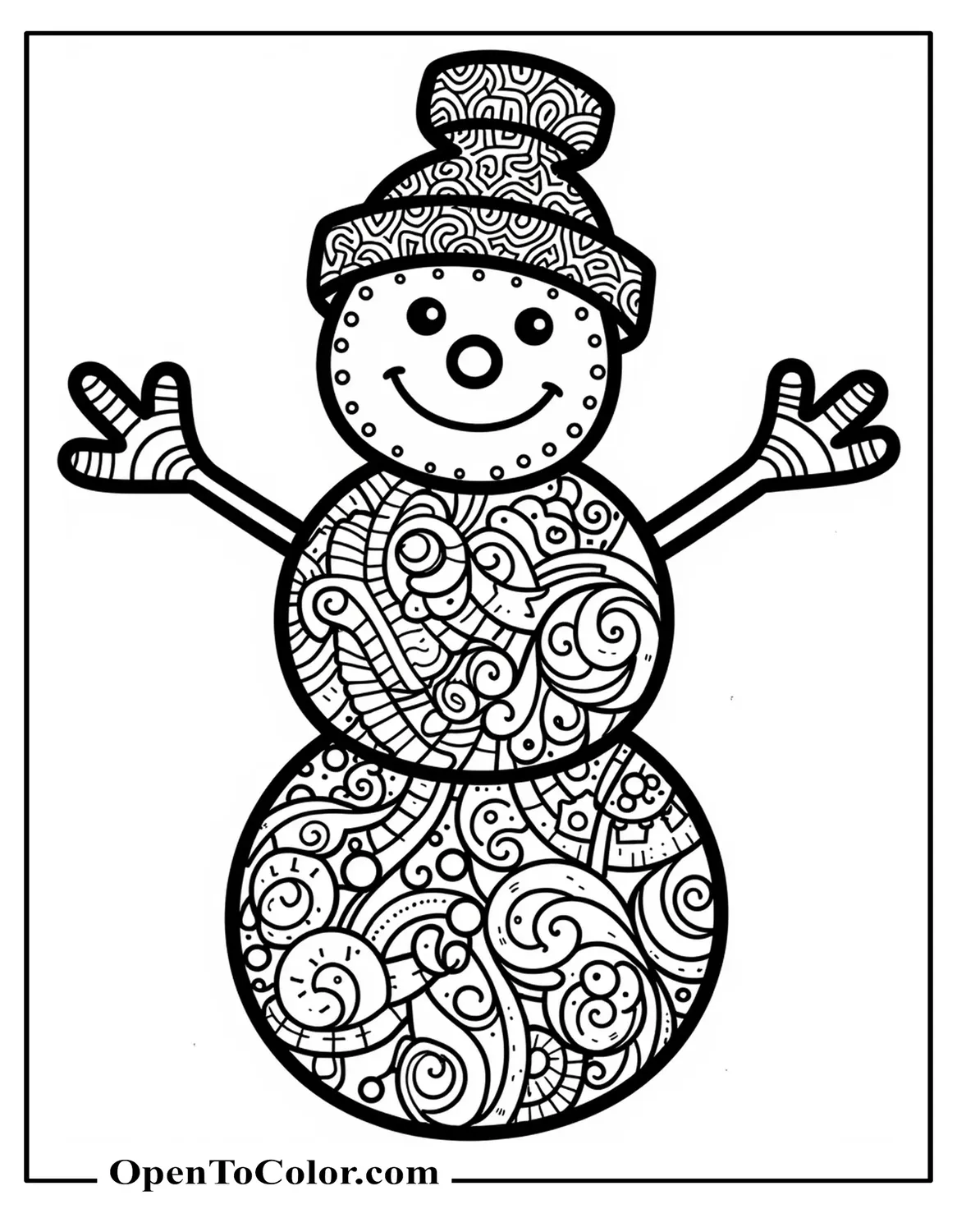 Printable Coloring Page of a Zentangle Snowman Filled with Repeating Patterns, Swirls, and Geometric Snowflakes