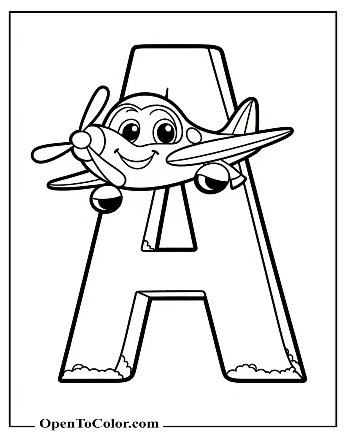 Free coloring sheet featuring a big letter A with a smiling cartoon airplane flying around it.
