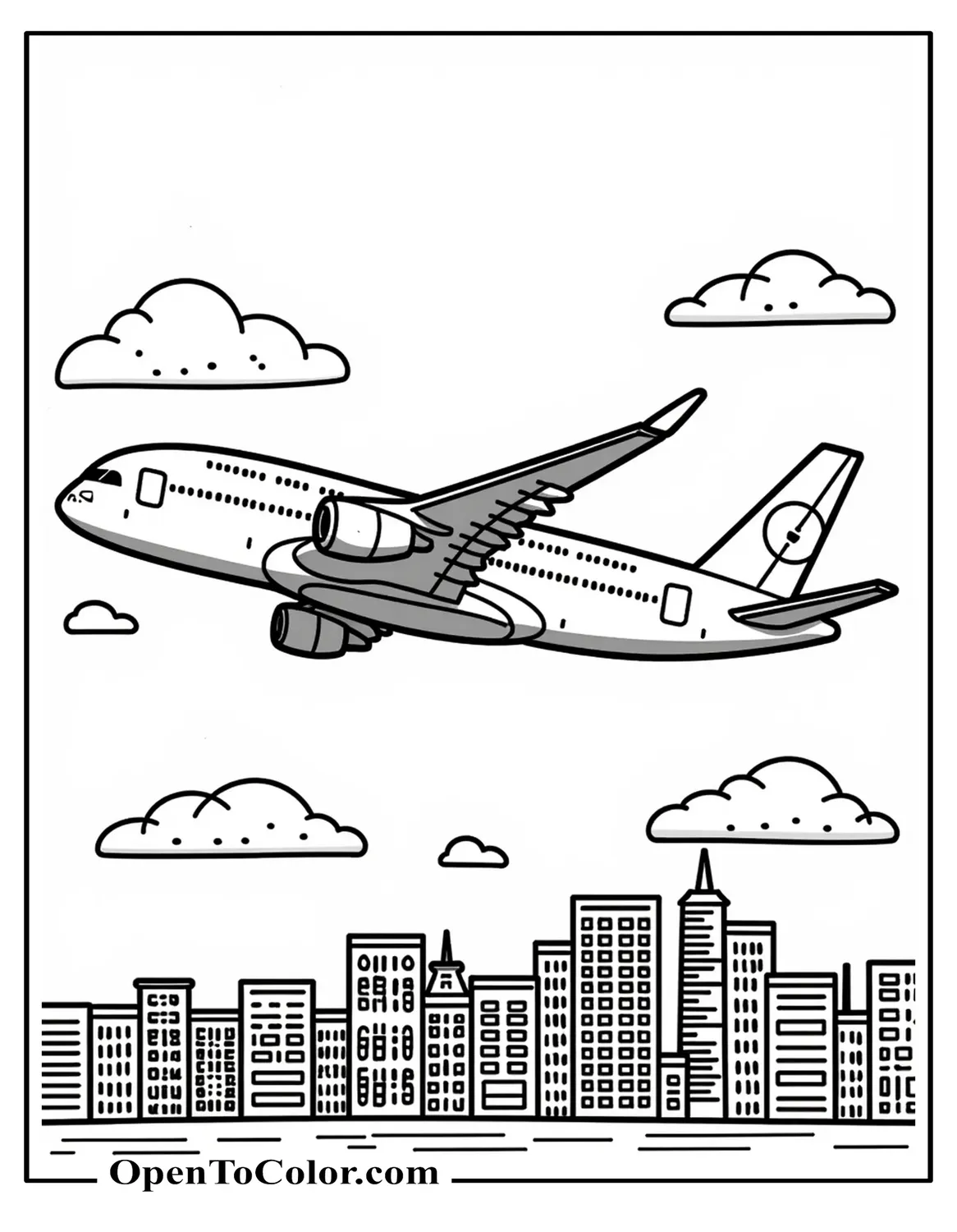 Free coloring sheet of a large cartoon Airbus A380 with two decks of windows flying above tiny city buildings.