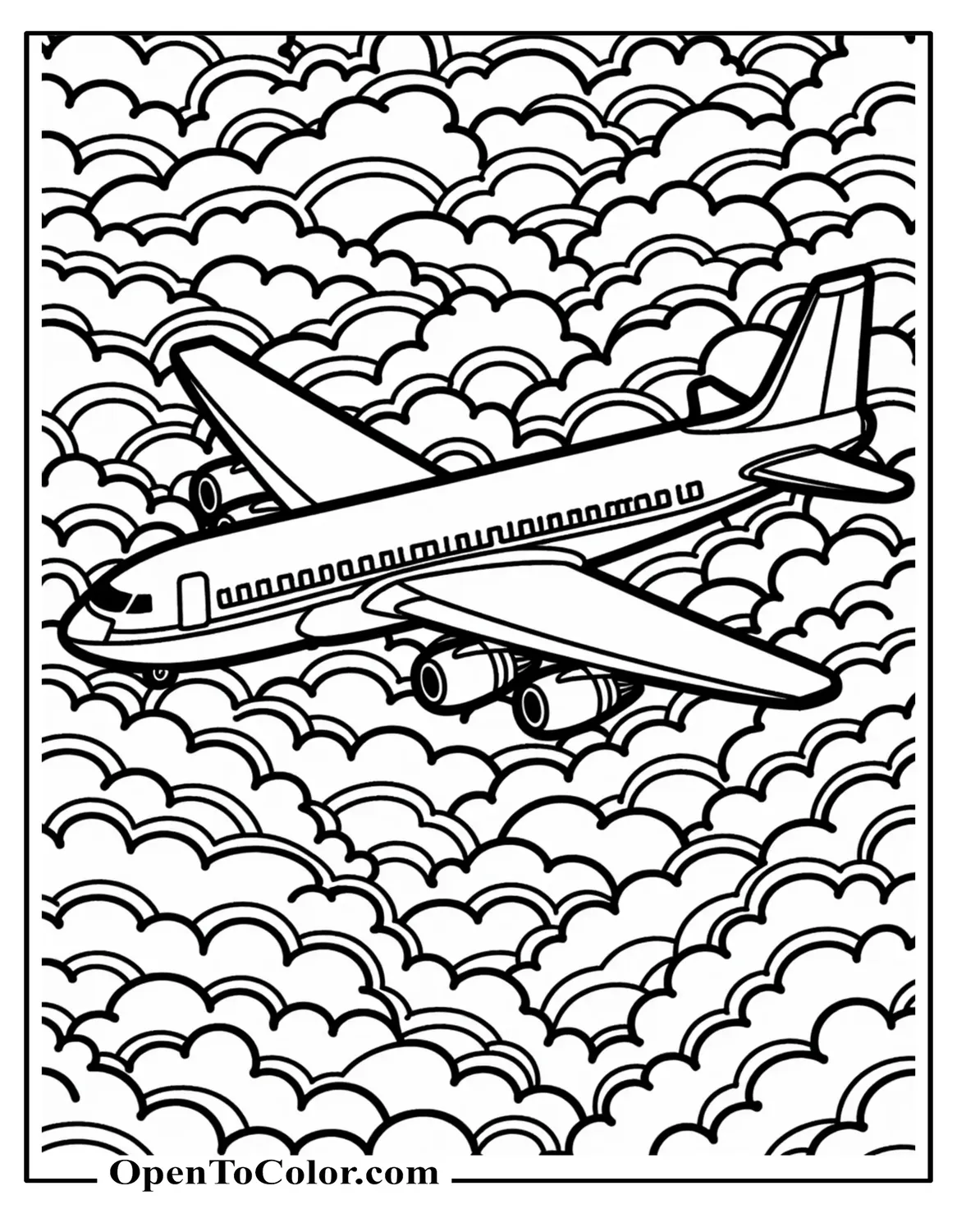 Free Airplane Coloring Page Surrounded by Ornate Mandala Patterns and Swirling Clouds for Adults