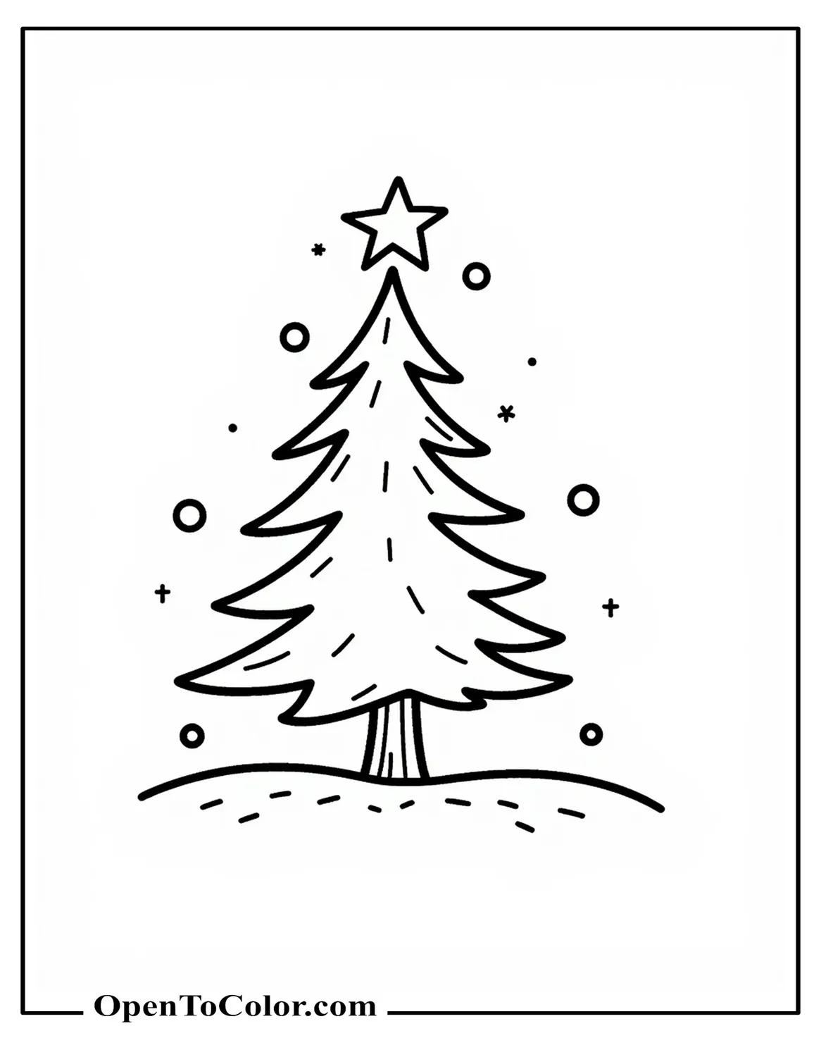 Minimalist Tree Silhouette Coloring Sheet PDF With A Single Star, Snow Dots Around, Aesthetic Style