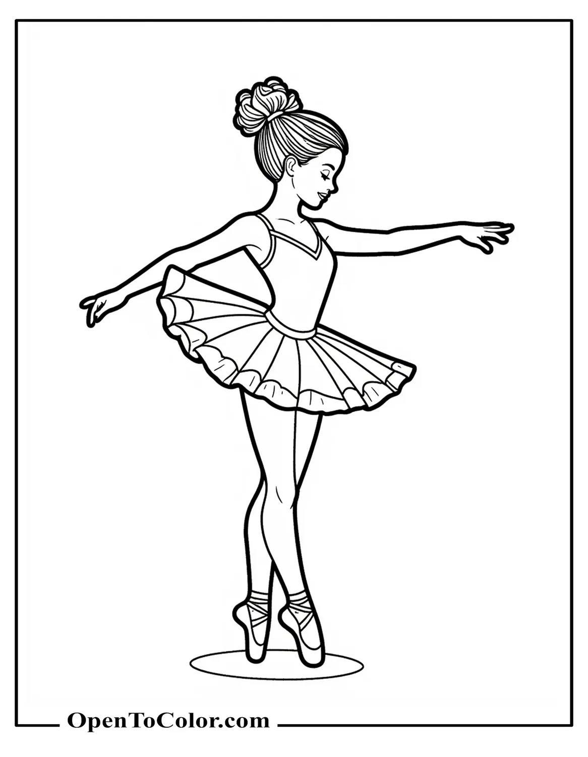 African-American ballerina coloring sheet PDF with natural curly hair in a high bun performing a delicate pose on stage
