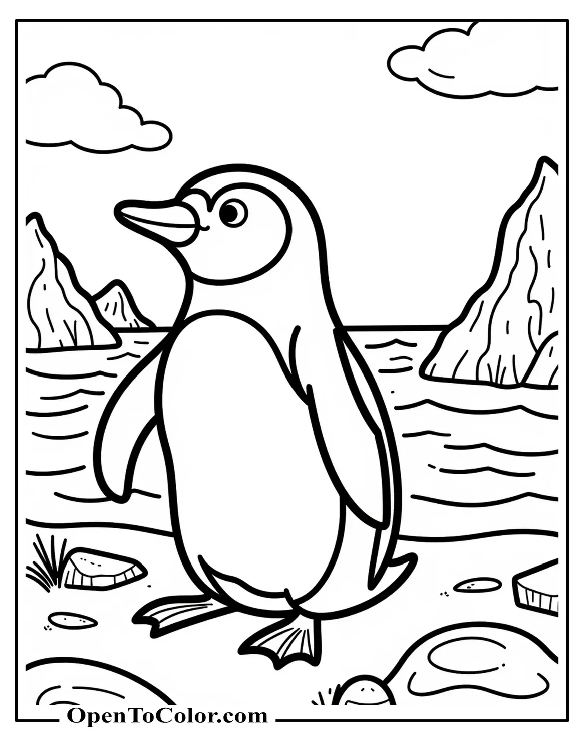 Free African Penguin Coloring Sheet Printable with Rocky Beach and Ocean Scene