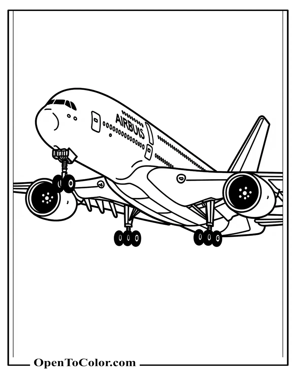 Highly detailed realistic Airbus A380 coloring page with landing gear retracting, printable.