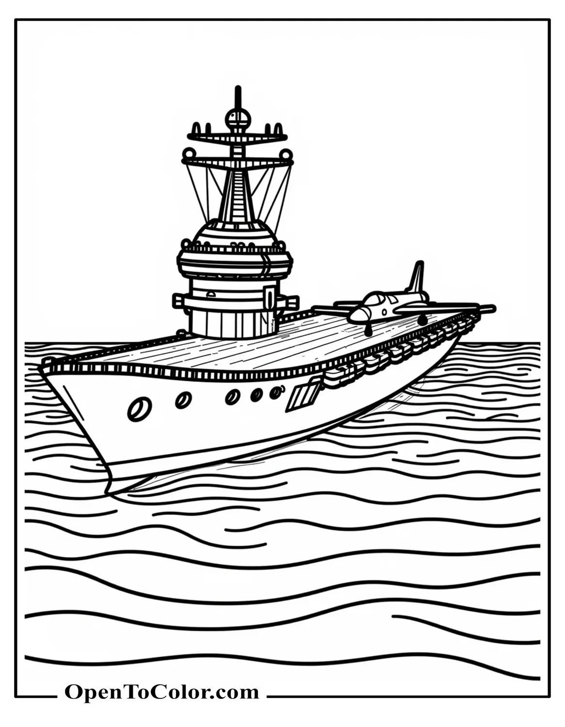 Coloring Page of an Aircraft Carrier on the Ocean with One Jet Parked on Deck and Simple Waves Around, Printable