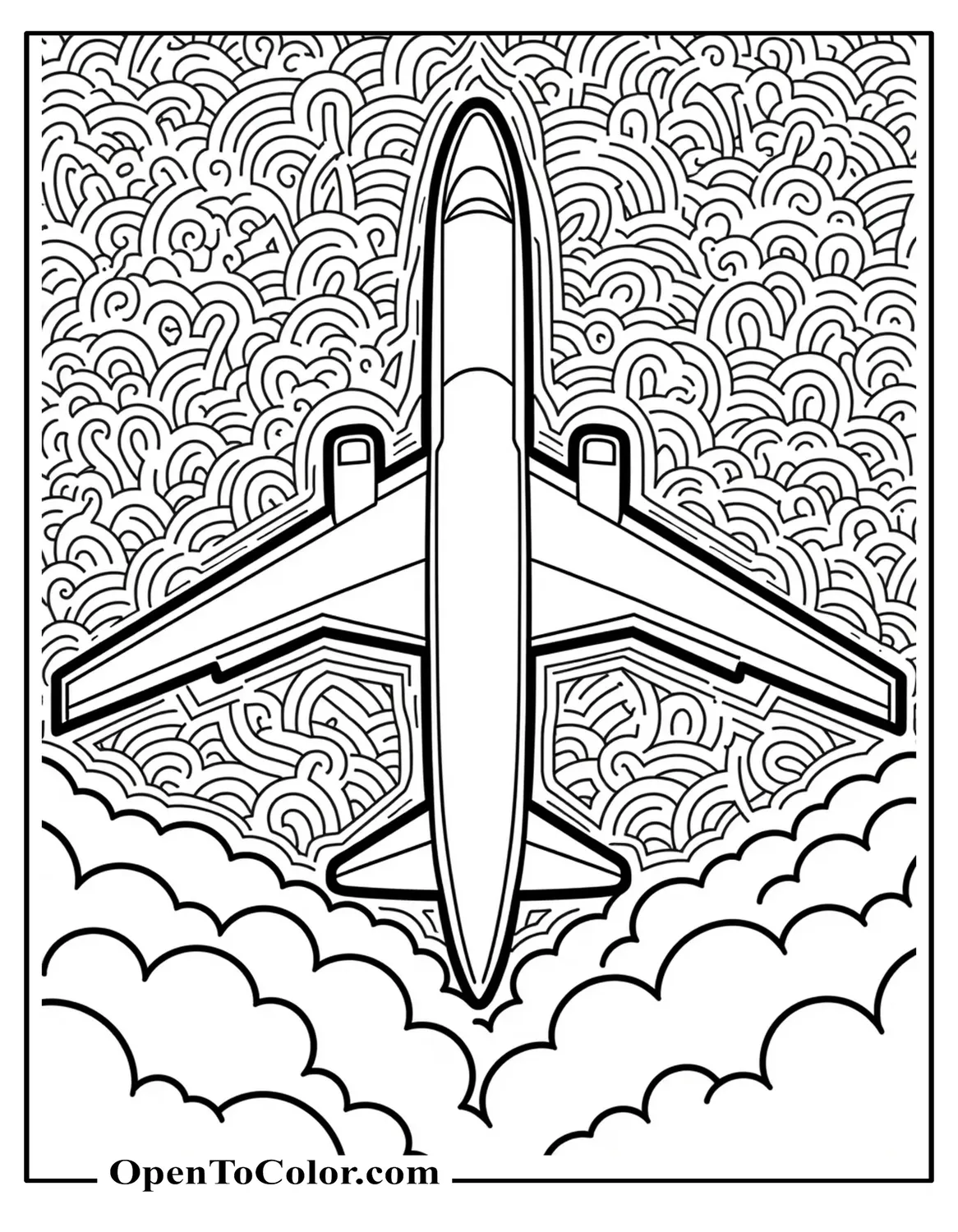 Coloring page of a large passenger airplane surrounded by intricate clouds and geometric patterns for adults, printable.