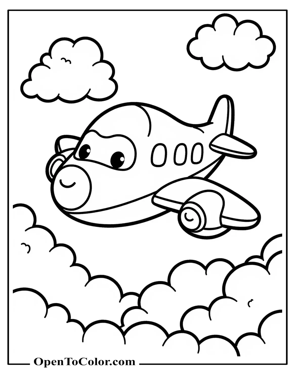 Cartoon passenger airplane coloring page PDF flying over fluffy clouds with little windows and a smiling face