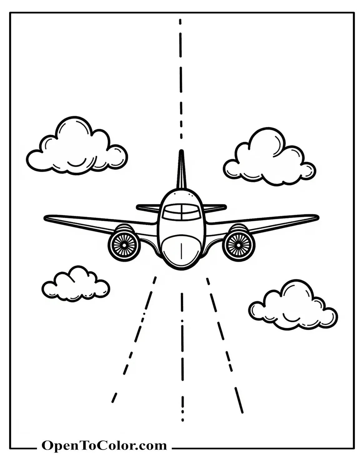 Free Simple Cartoon Airplane Coloring Page Flying Straight Toward the Viewer with Clouds Around It