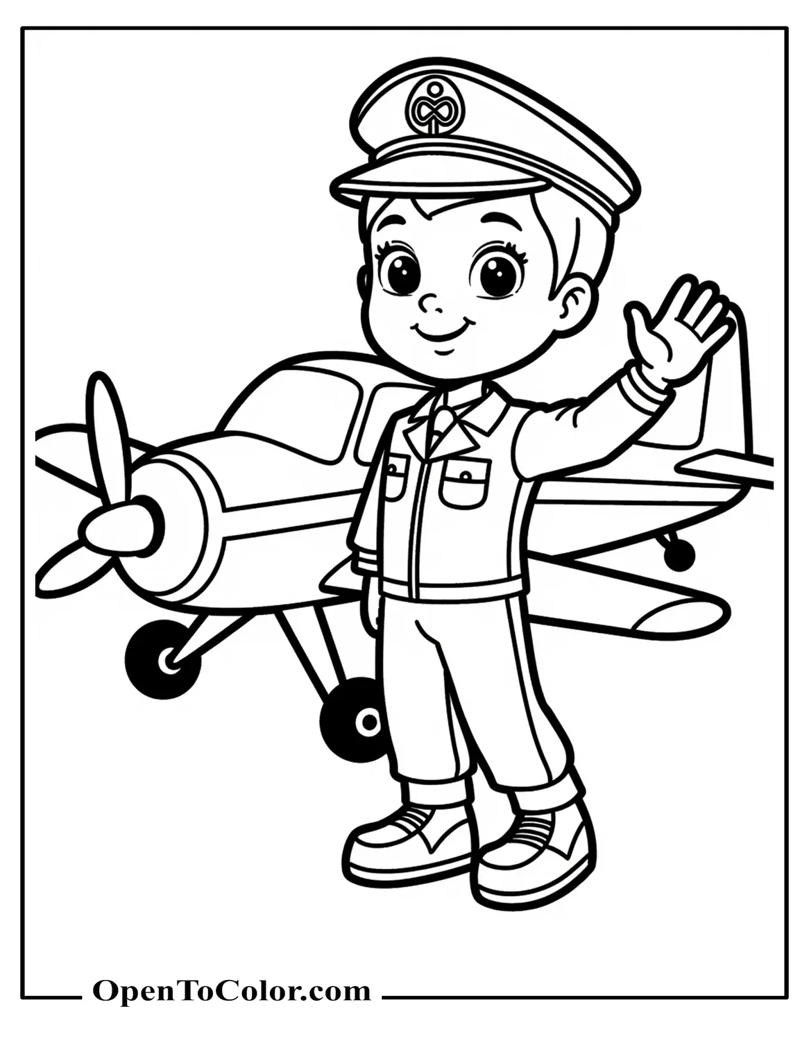 Free Coloring Page of a Cute Pilot in Uniform Standing in Front of a Small Airplane Waving