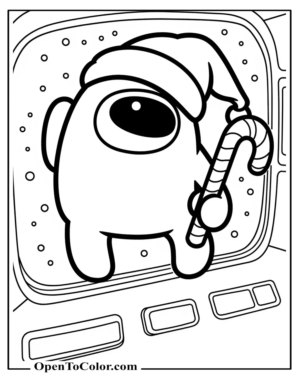 Among Us crewmate wearing a Santa hat, holding a candy cane, spaceship window, printable coloring sheet.