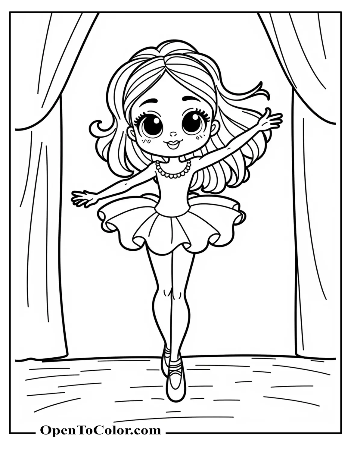 Anime-style ballet dancer coloring sheet PDF with big expressive eyes and flowing hair doing a dramatic pose on stage