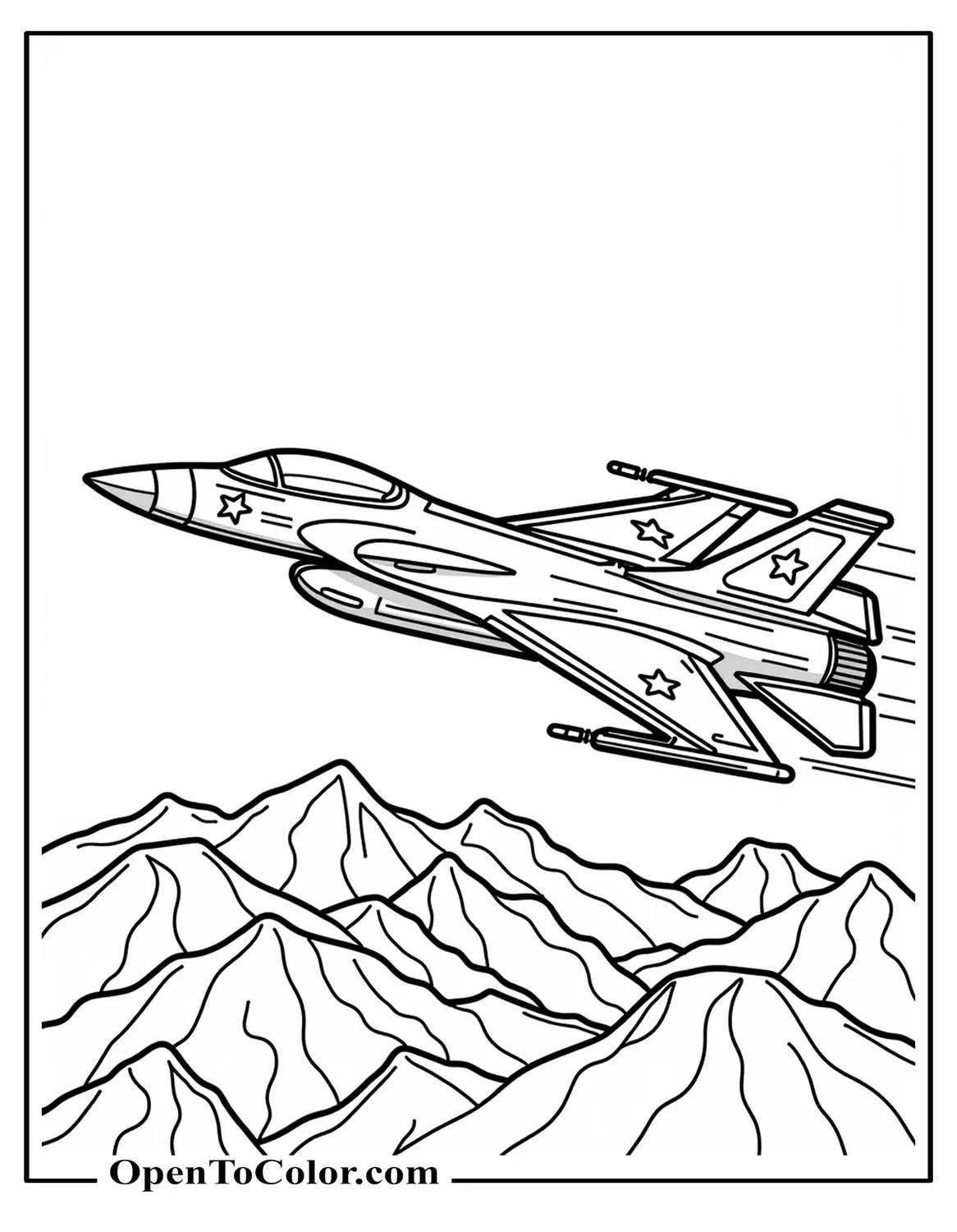 Free Coloring Page of Army Fighter Jet With Star Markings Zooming Past Simple Mountains