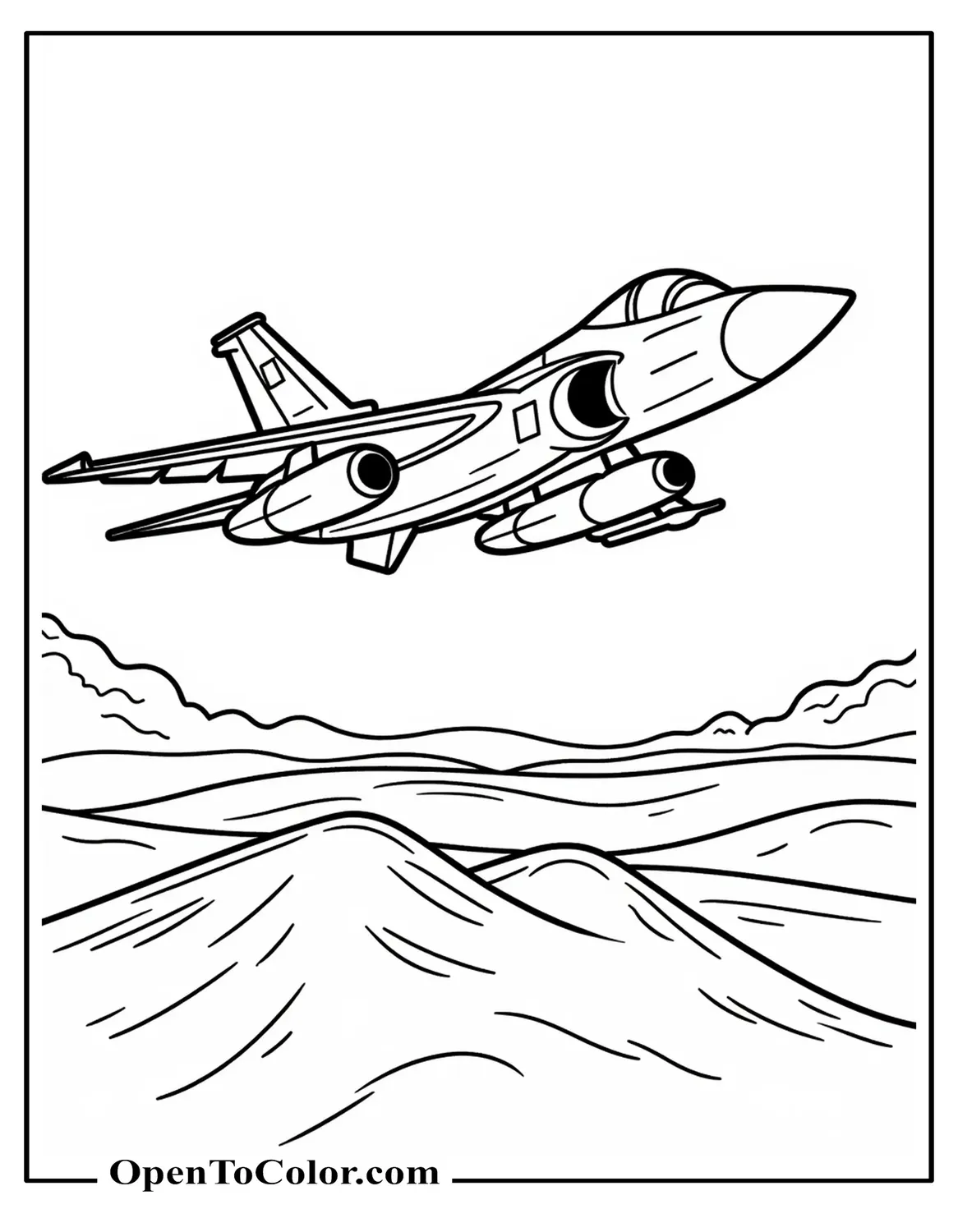 Cartoon Army Jet Flying Low Over Desert With Small Dunes Below, Coloring Sheet PDF
