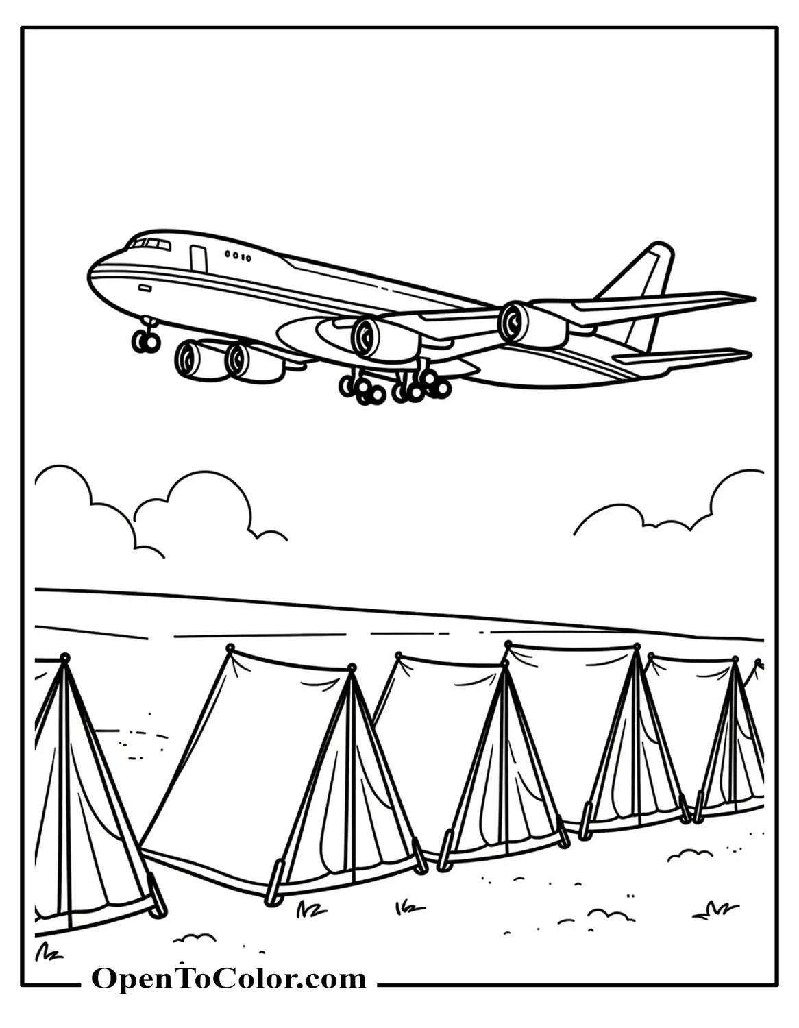 Military transport plane flying over a row of simple tents coloring page PDF