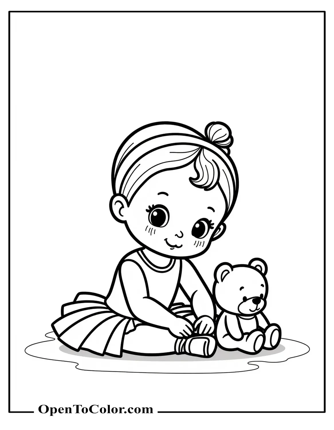 Coloring page of a baby ballerina sitting on the floor in a tiny tutu tying one ballet shoe with a teddy bear beside her, printable.