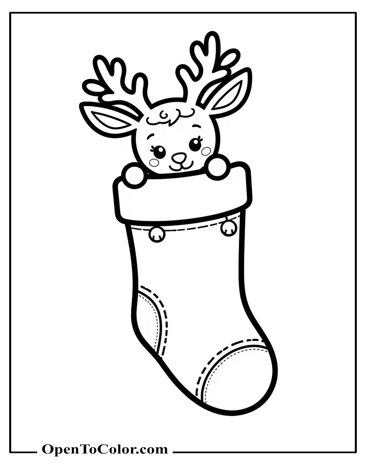 Baby Reindeer Peeking From A Stocking Coloring Page, Tiny Bells Along The Cuff, PDF