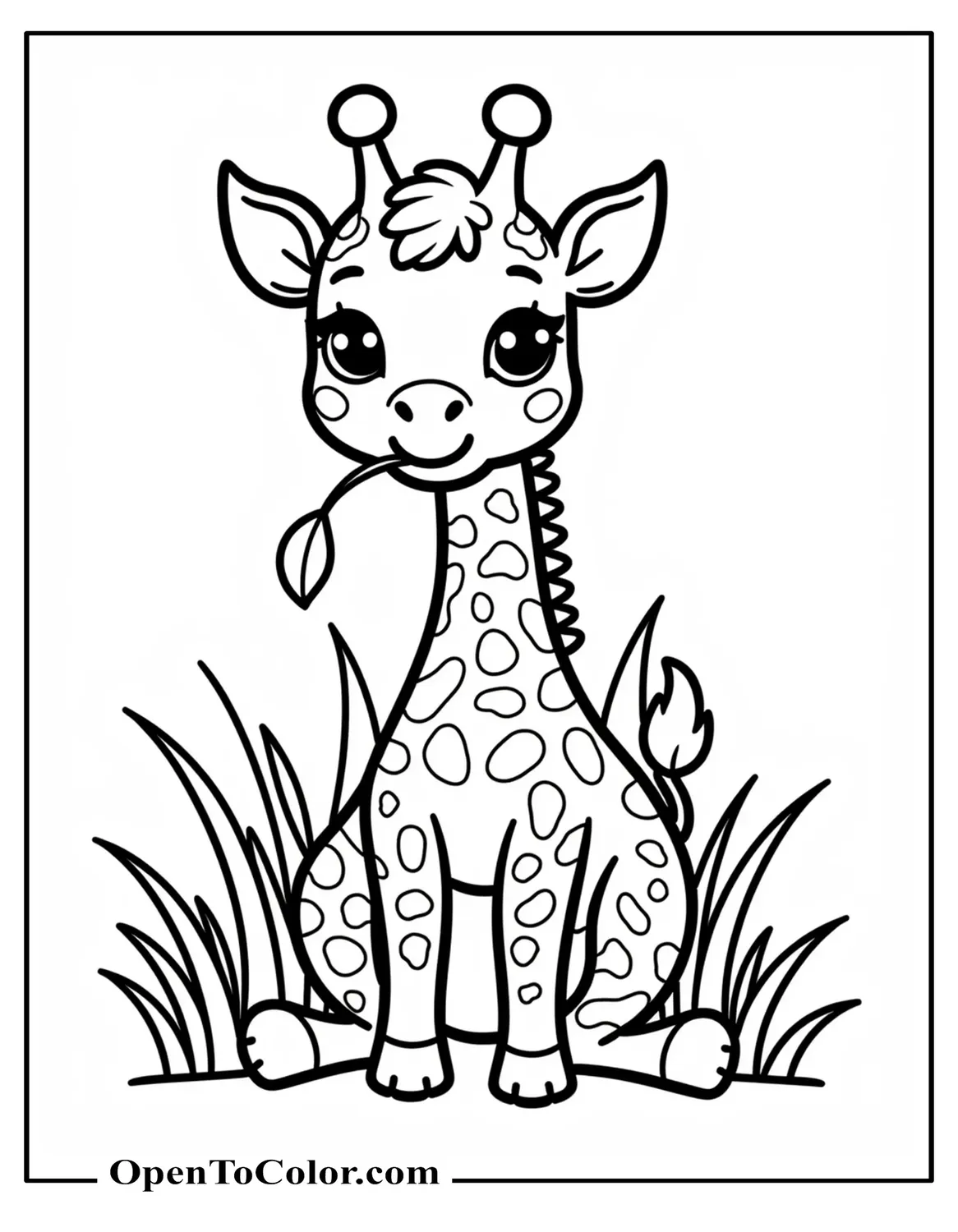 Printable Coloring Sheet of Baby Giraffe Sitting in Tall Grass Chewing a Leaf, Cute Round Features