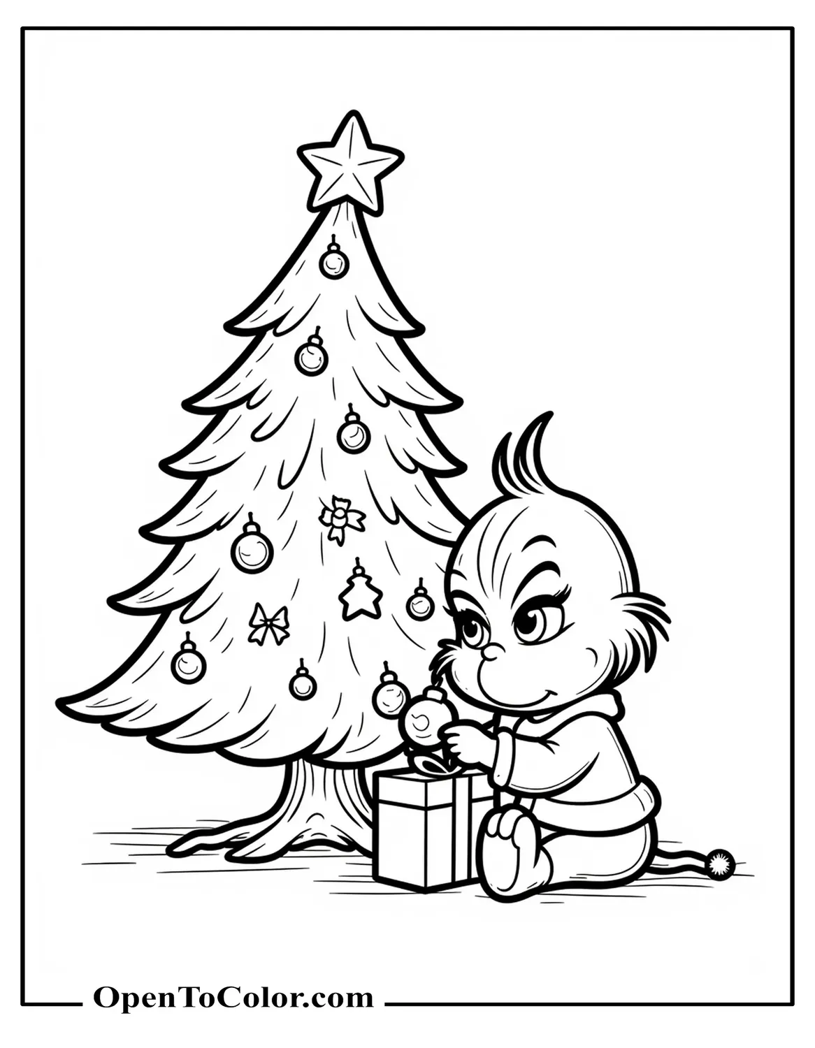 Free Coloring Sheet of Baby Grinch Sitting Under a Christmas Tree Playing with a Single Ornament, a Simple Gift Box Next to Him in Chibi Style