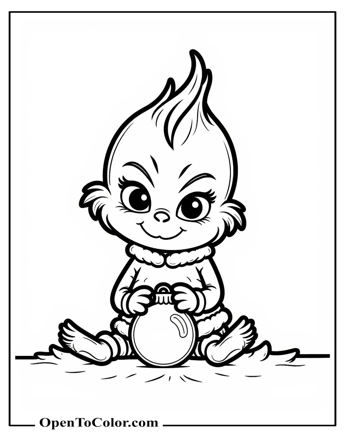 Baby Grinch in kawaii chibi style sitting on the floor playing with a round ornament, coloring sheet PDF.