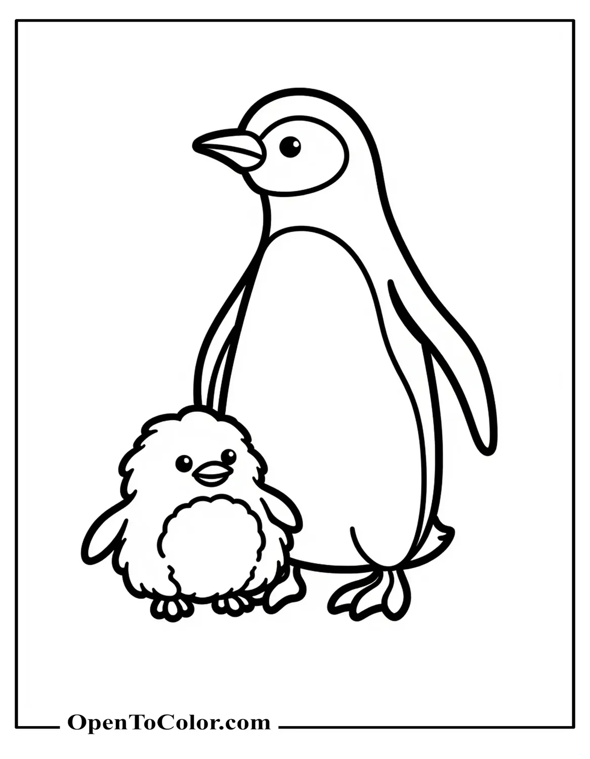 Baby Penguin Coloring Page PDF Showing a Small Fluffy Chick Next to an Adult