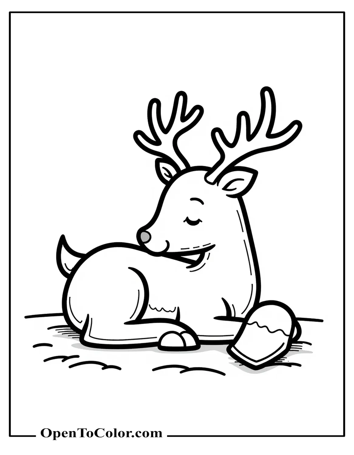 Printable Coloring Sheet of Baby Reindeer Curled Up Asleep, Mitten Dropped Nearby