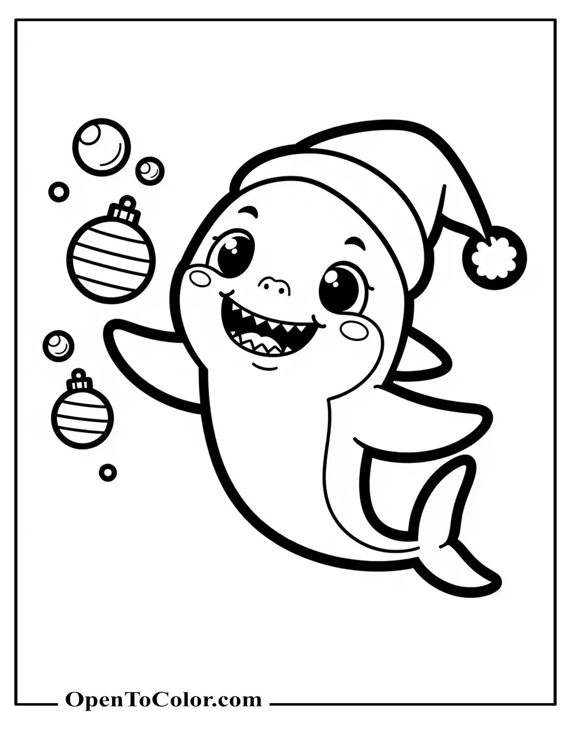 Printable Coloring Sheet of Baby Shark with a Santa Hat Blowing Bubbles Shaped Like Ornaments