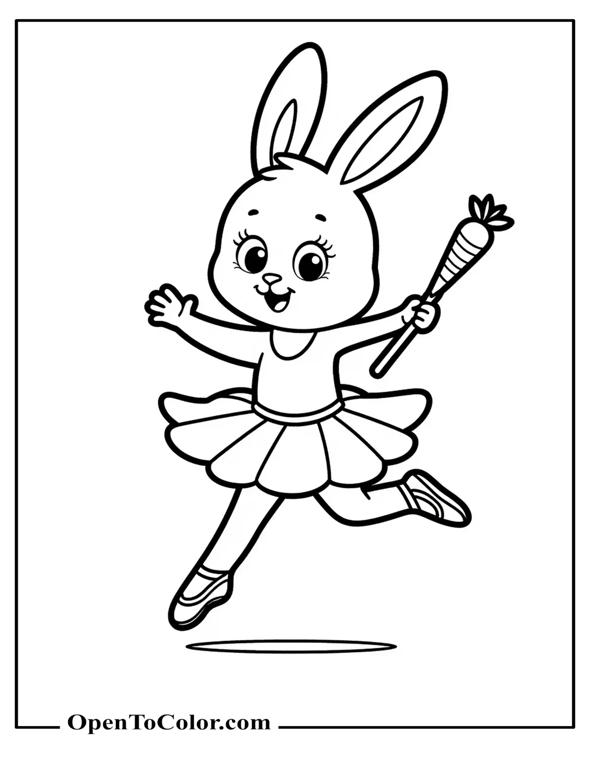 Coloring page of a bunny wearing a tutu and tiny ballet shoes hopping in a ballet pose with a carrot-shaped wand, printable.