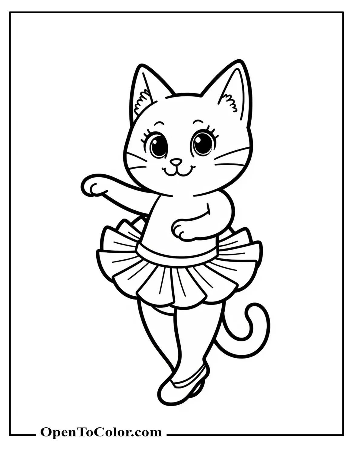 Free Coloring Page of Cute Cat Standing on Hind Legs in a Tutu and Ballet Slippers, Tail Curved Behind
