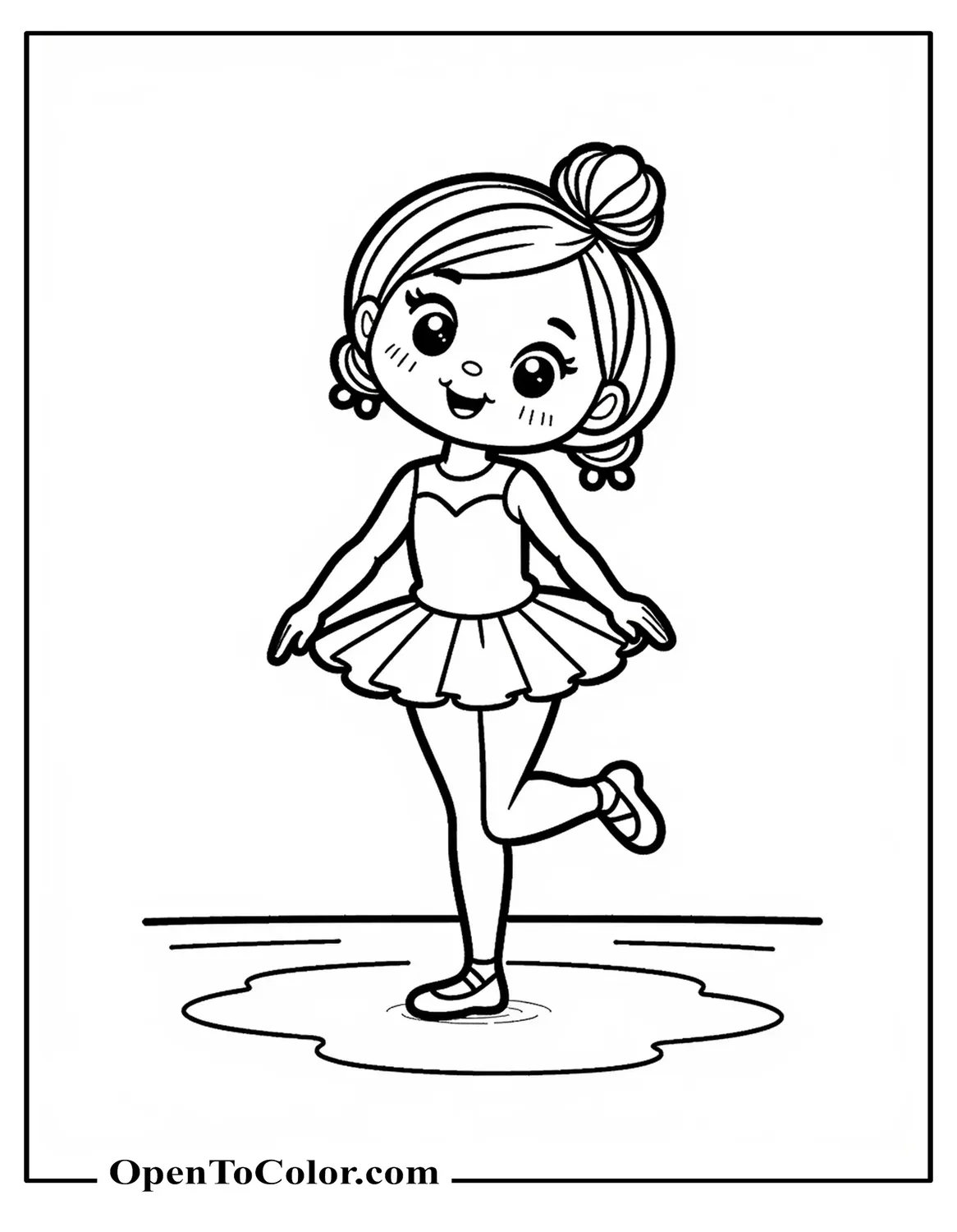Simple cartoon ballerina coloring page with round face and big smile doing a basic pose on an empty floor, PDF.