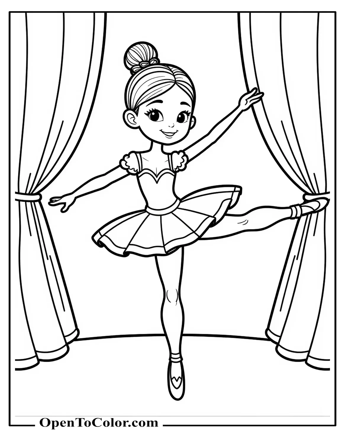 Cartoon ballerina coloring page in a classic tutu doing a graceful arabesque on a stage with curtains behind her, PDF.