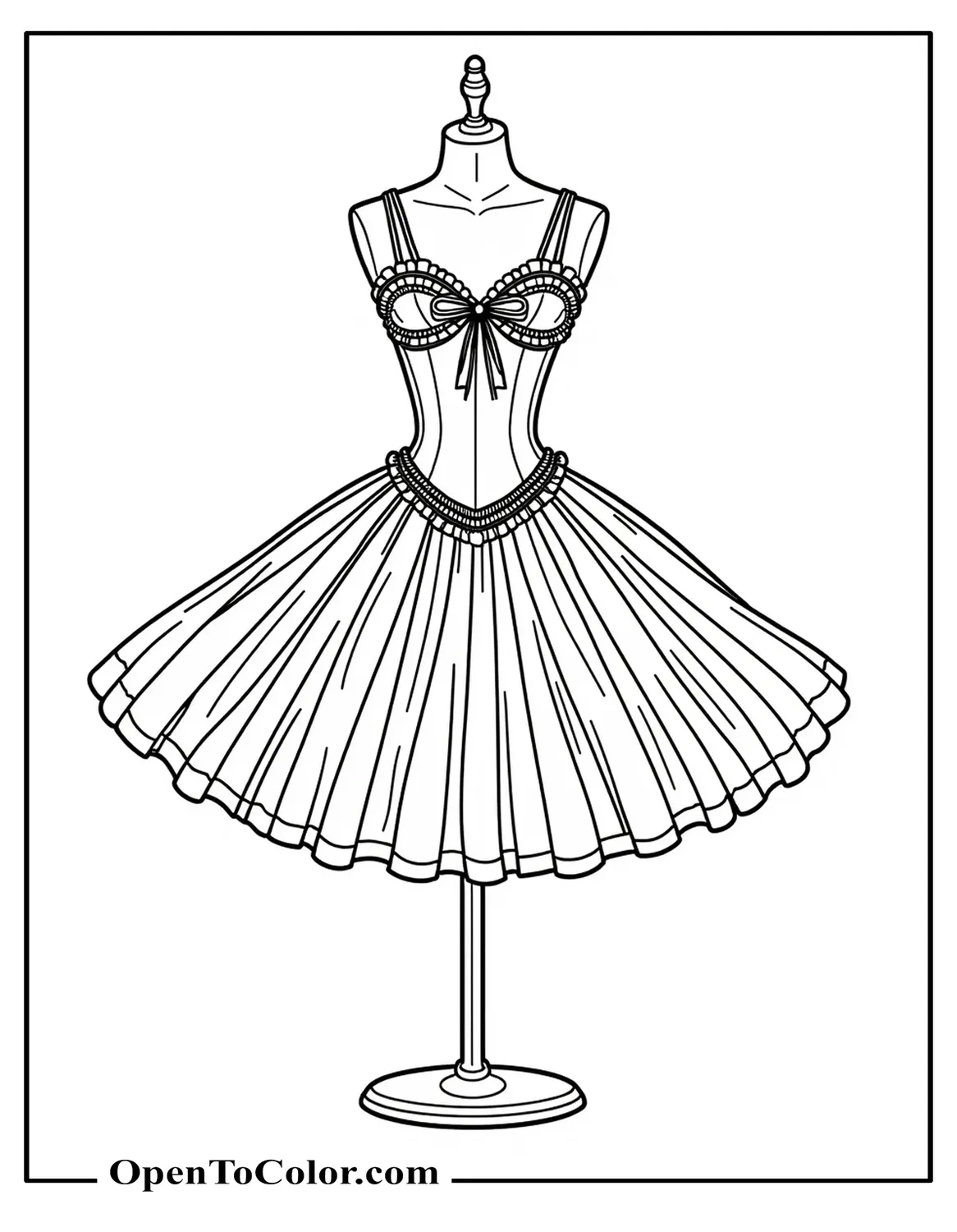 Free Coloring Page: Elegant Ballerina Dress on a Mannequin with Detailed Ruffles, Bows, and Hanging Ribbons