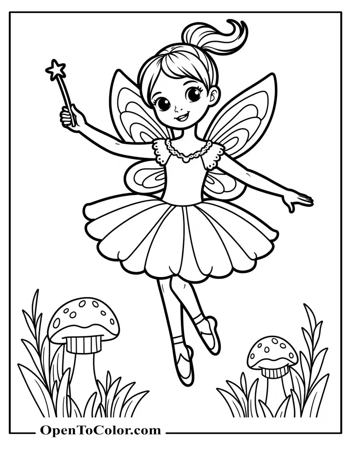 Free Coloring Sheet of Ballerina With Small Fairy Wings And Tutu Hovering Above A Mushroom With A Magic Wand In Her Hand