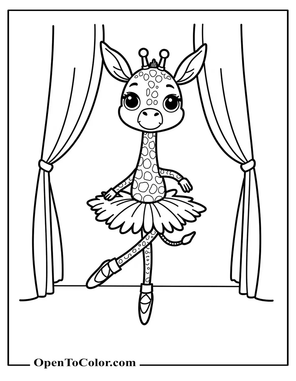 Giraffe in tutu and ballet shoes standing on one leg in a dance pose, small stage with curtains behind, chibi style, coloring page, printable.