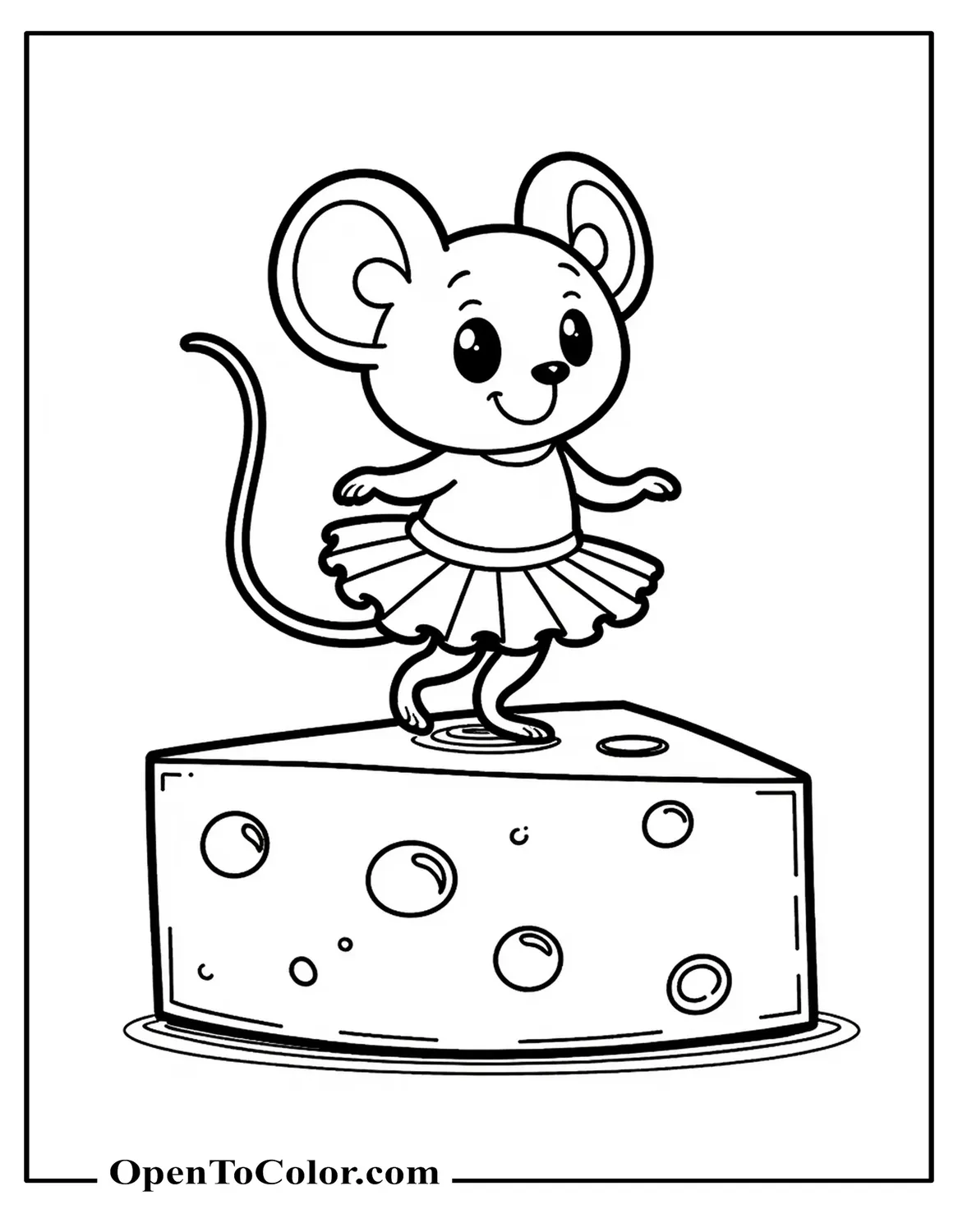 Tiny Mouse In A Frilly Tutu Dancing On Top Of A Cheese Wedge Like A Stage Coloring Sheet Printable