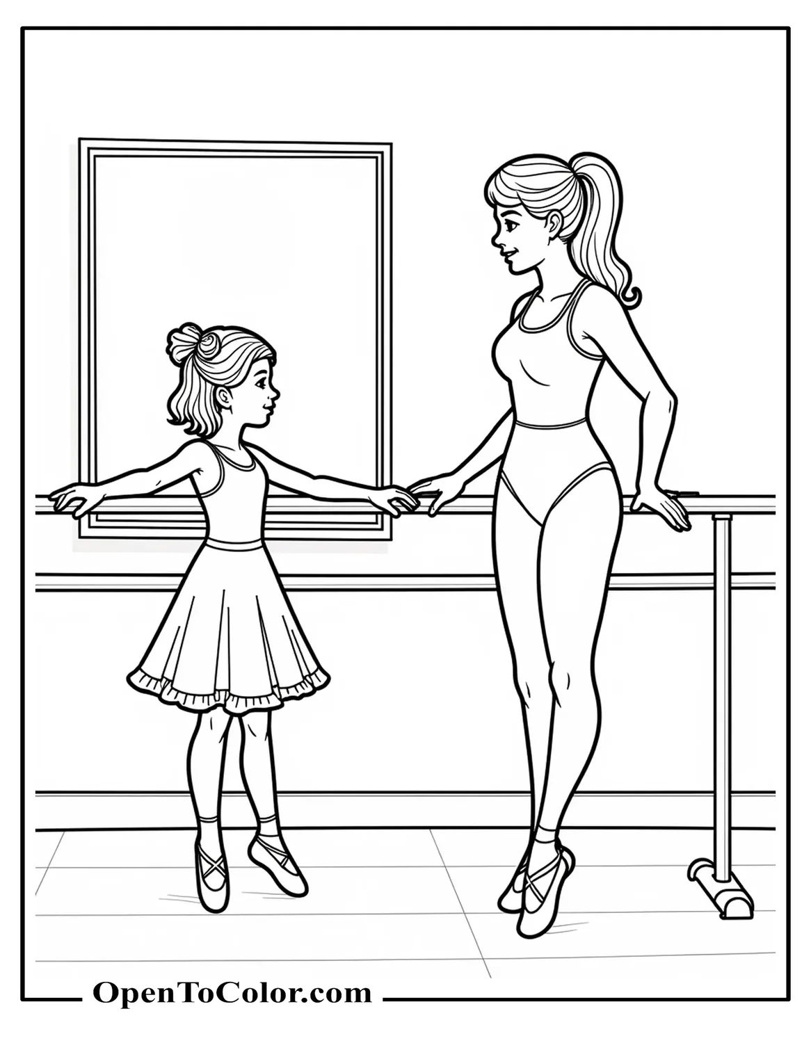 Printable Coloring Page of a Ballet Teacher and One Child at the Barre in a Simple Studio with a Clock on the Wall