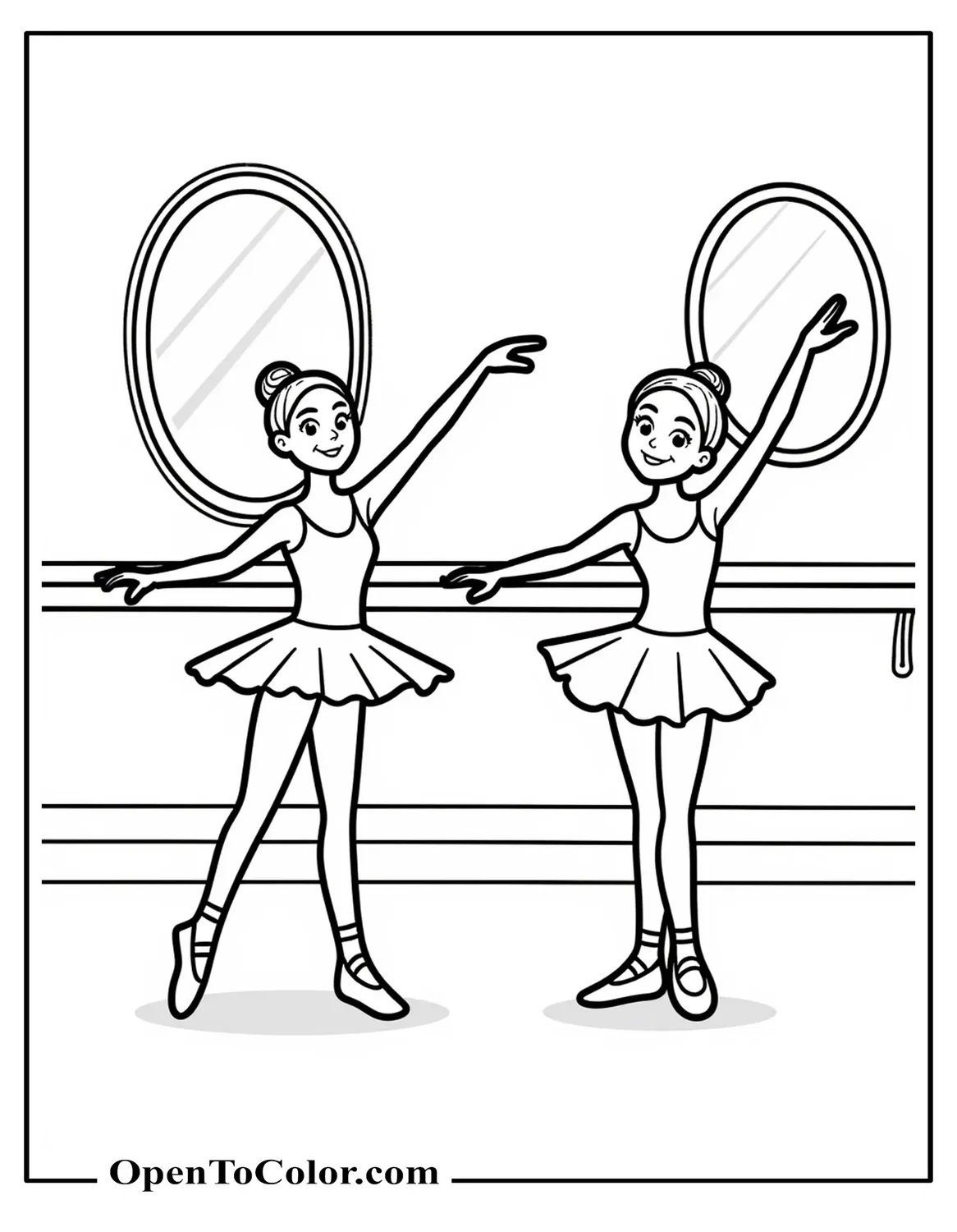 Two Cartoon Ballet Dancers At The Barre Practicing Pliés In A Simple Studio With A Wall Mirror, Printable Coloring Sheet