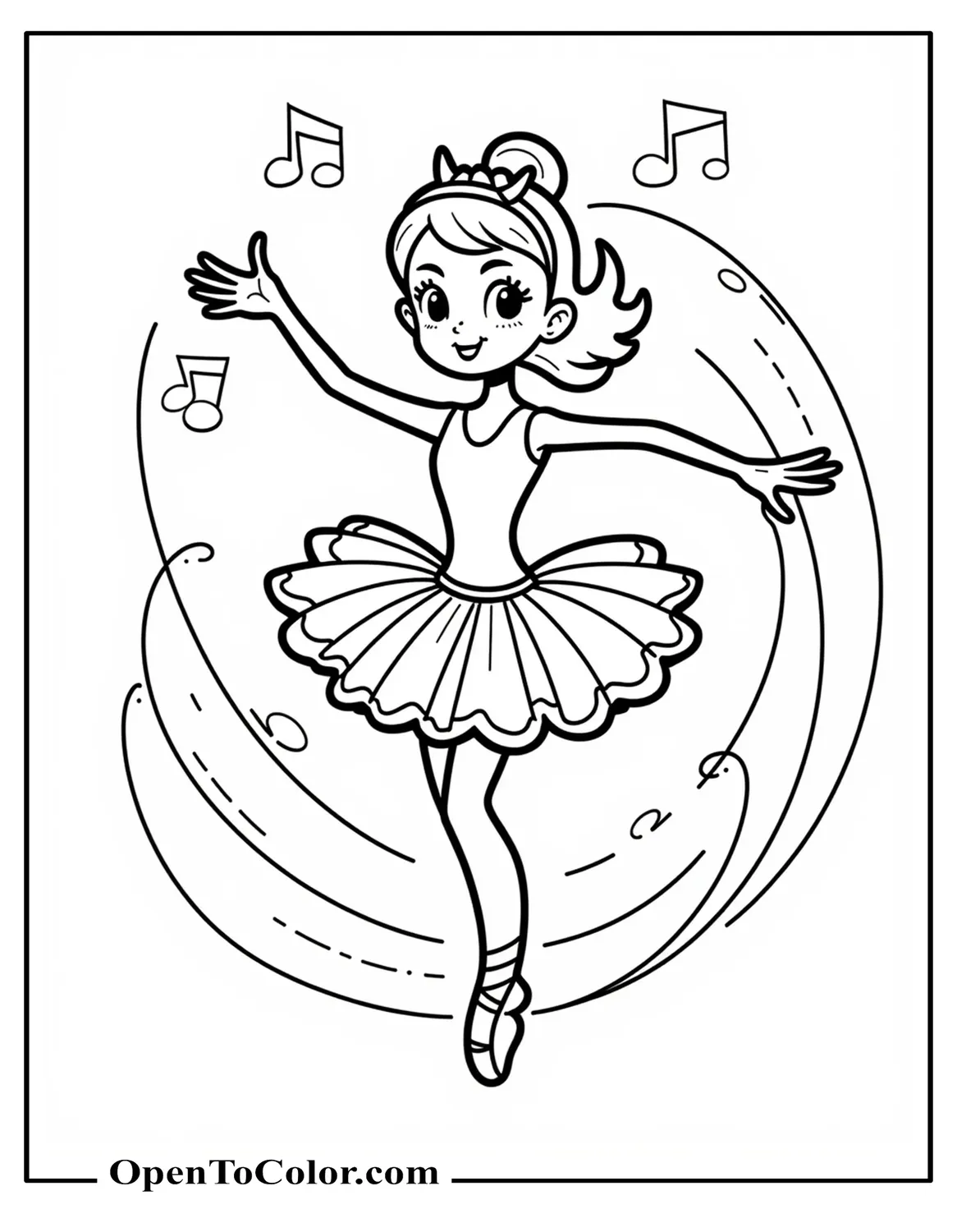 Printable Coloring Page of Cartoon Ballerina Mid-Spin with Swirling Motion Lines and Music Notes Around Her