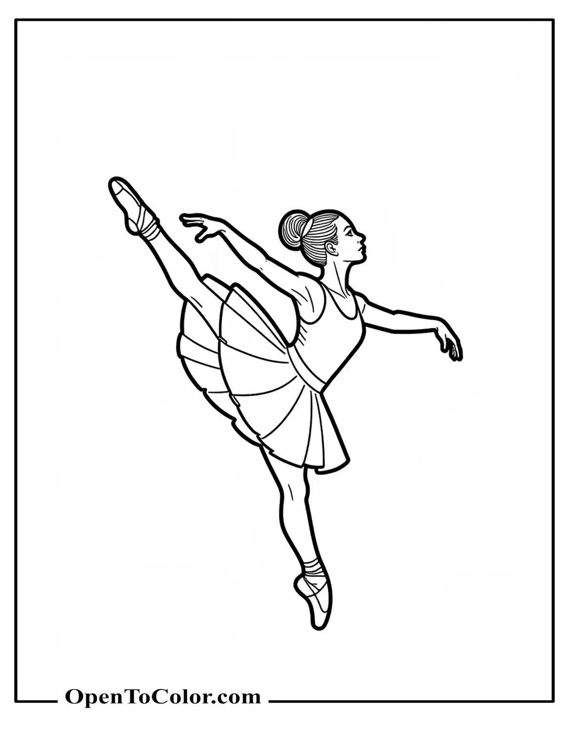 Single ballet dancer coloring page, seen from the side in a high leap, arms extended, PDF