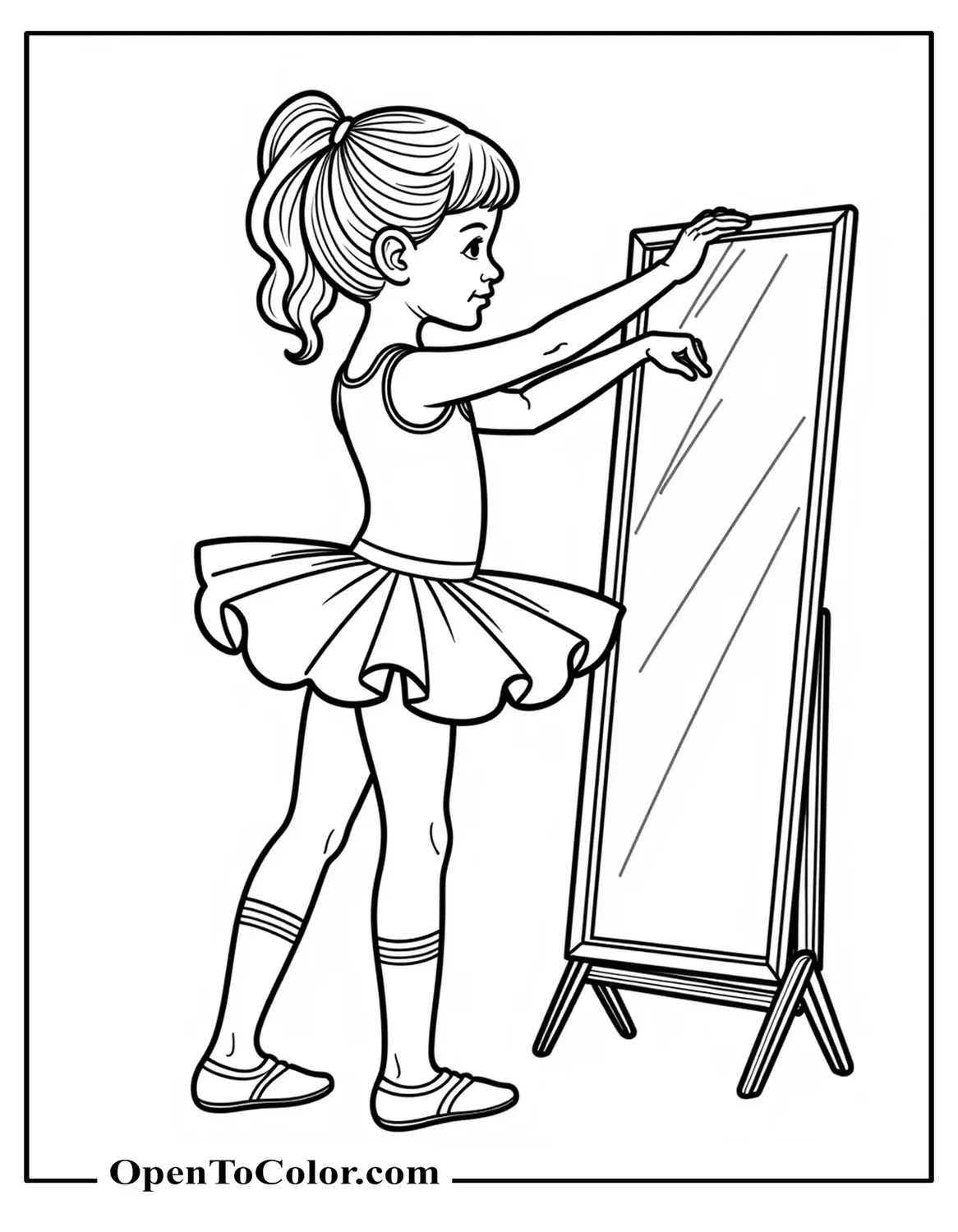 Free Coloring Page of Young Girl in Leotard and Tutu Practicing First Position in Front of a Simple Mirror