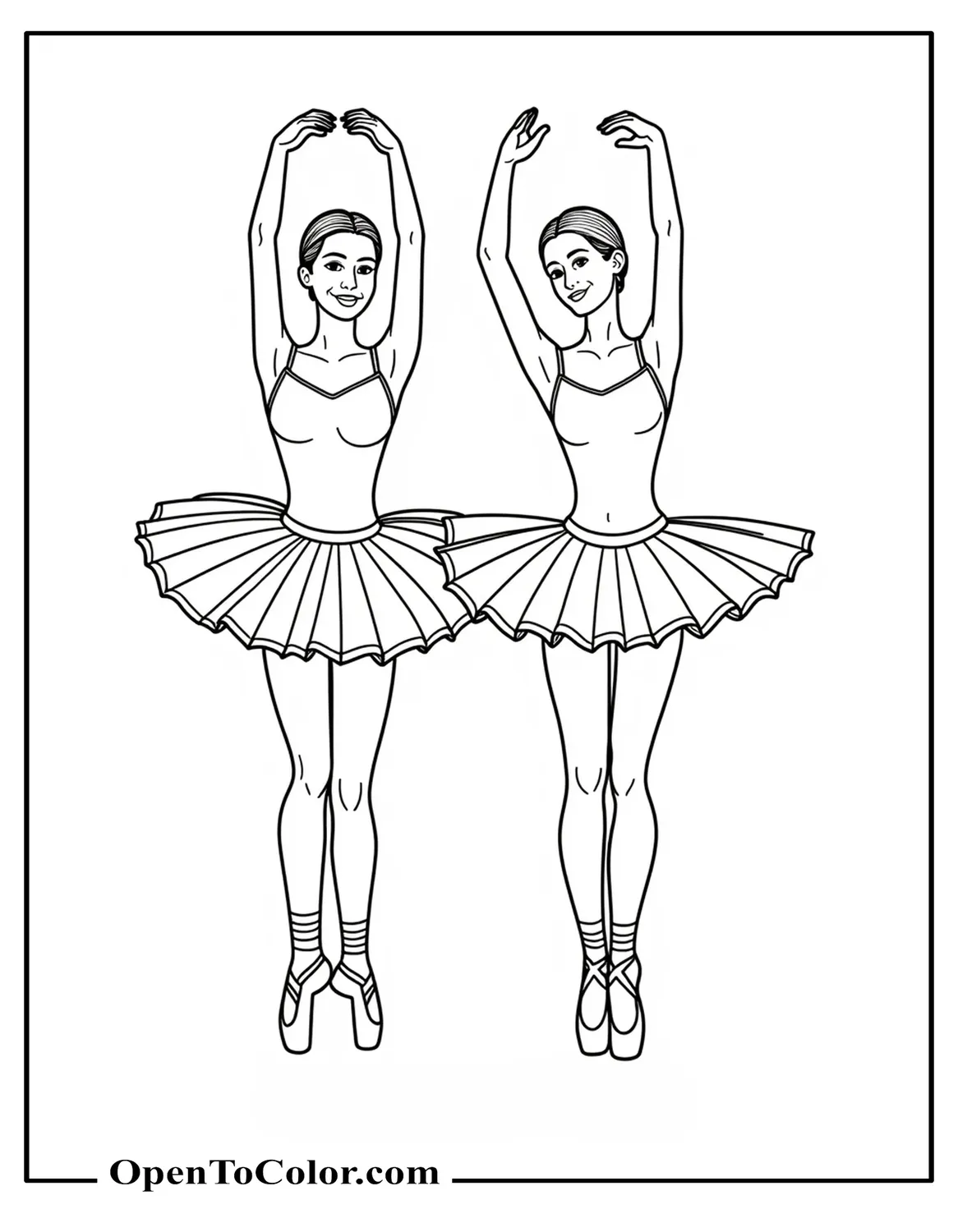 Two Ballet Dancers Side By Side, Each Showing A Different Basic Ballet Position, Coloring Sheet PDF