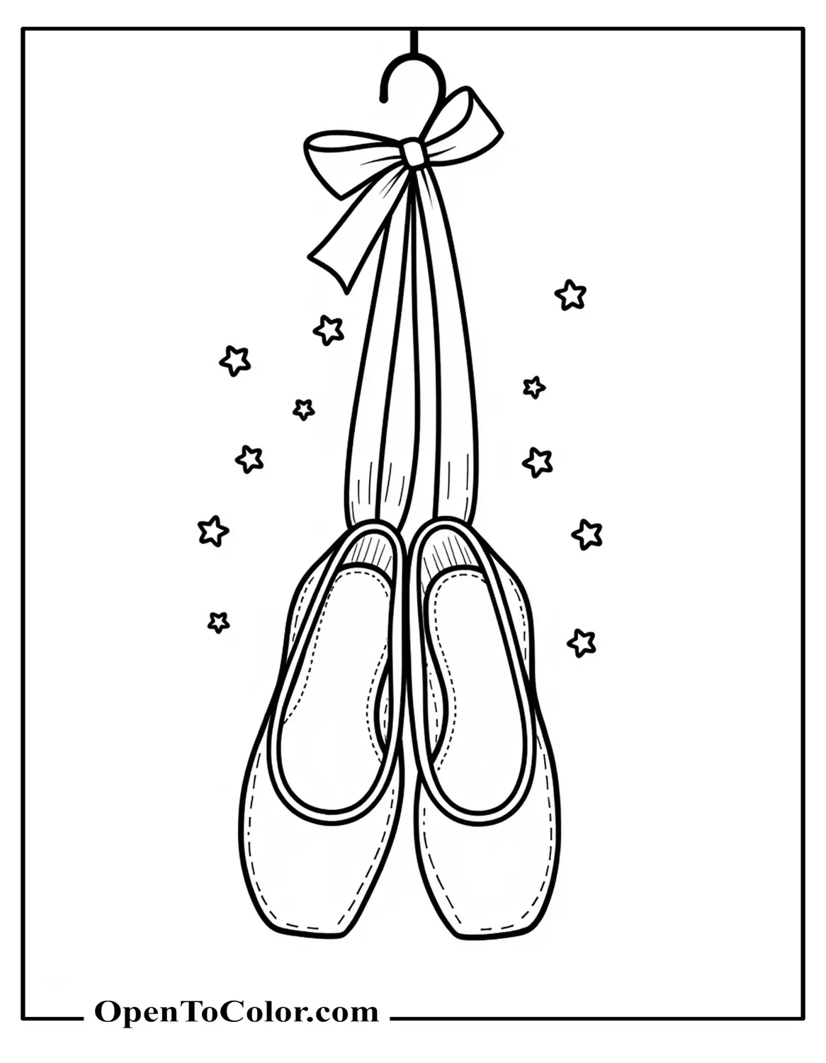 Pair of Ballet Shoes Tied Together by Long Ribbons Hanging from a Hook with Tiny Stars Around Them, Printable Coloring Page