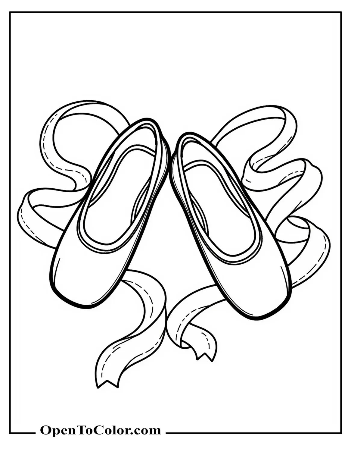Close-Up Of Two Ballet Slippers On The Floor With Flowing Ribbons Arranged In A Heart Shape Coloring Sheet PDF