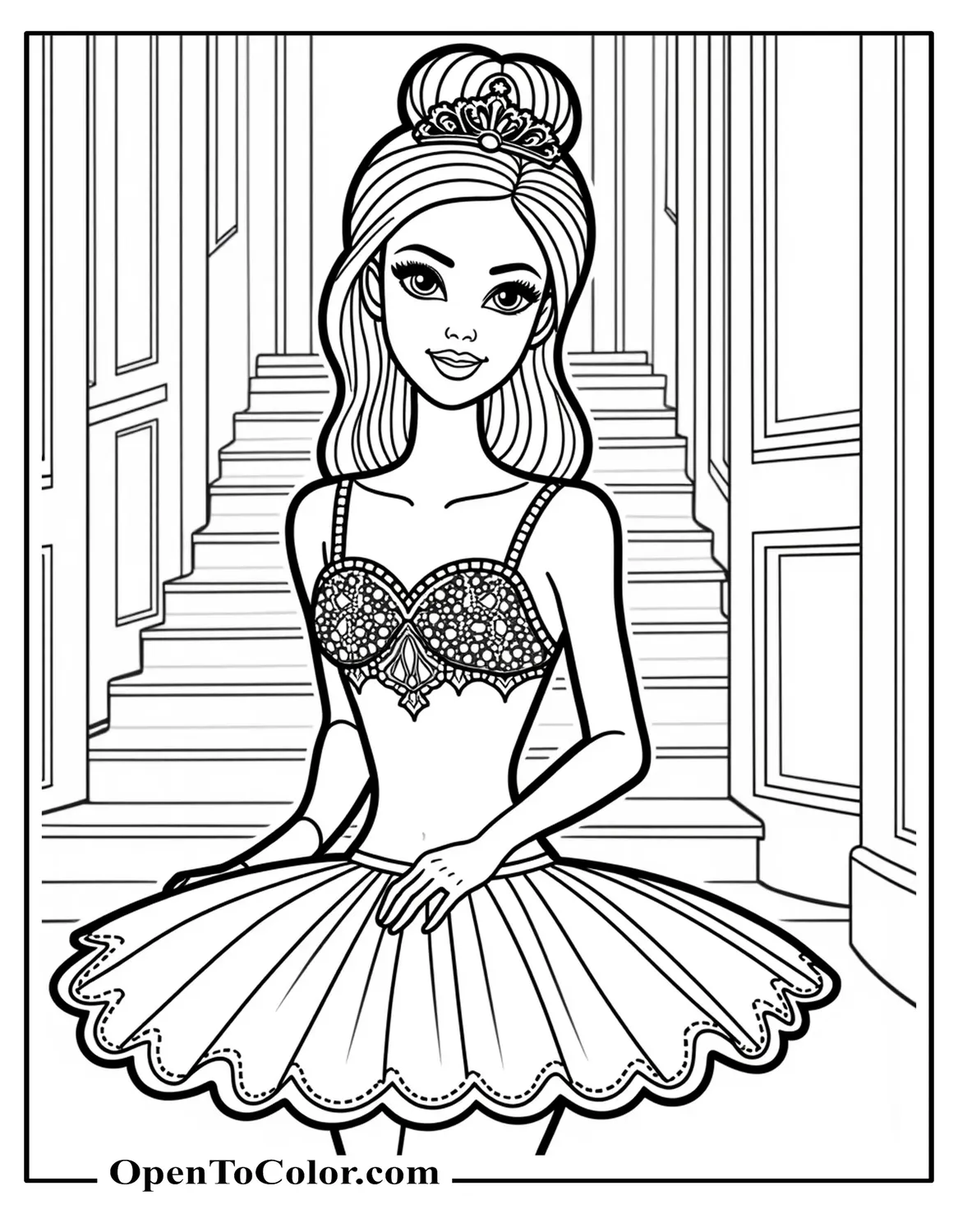 Barbie dressed as a ballerina with long hair in a bun, sparkling tutu and tiara, posing in front of a palace staircase, printable coloring sheet.