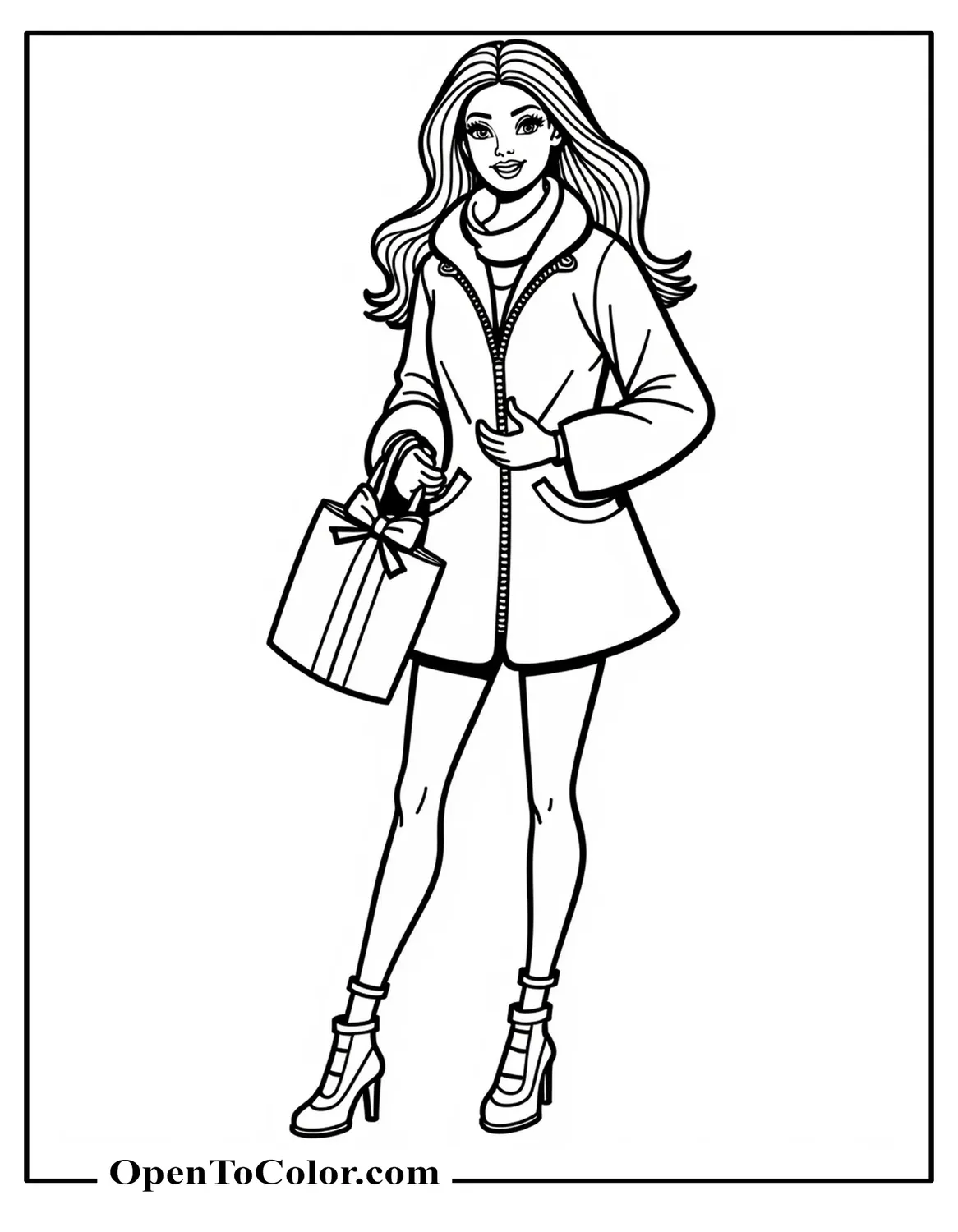 Barbie in a Winter Coat Holding a Wrapped Gift, Handbag with Bow, Fashion Pose, Printable Coloring Page