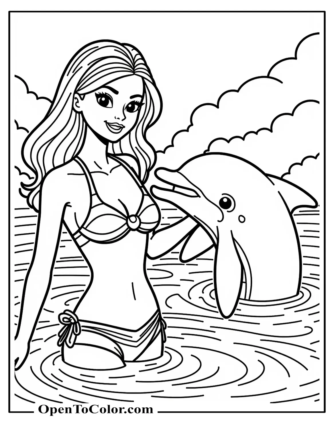 Free Coloring Page: Barbie Style Girl in Swimsuit Holding Onto a Dolphin in a Magical Lagoon