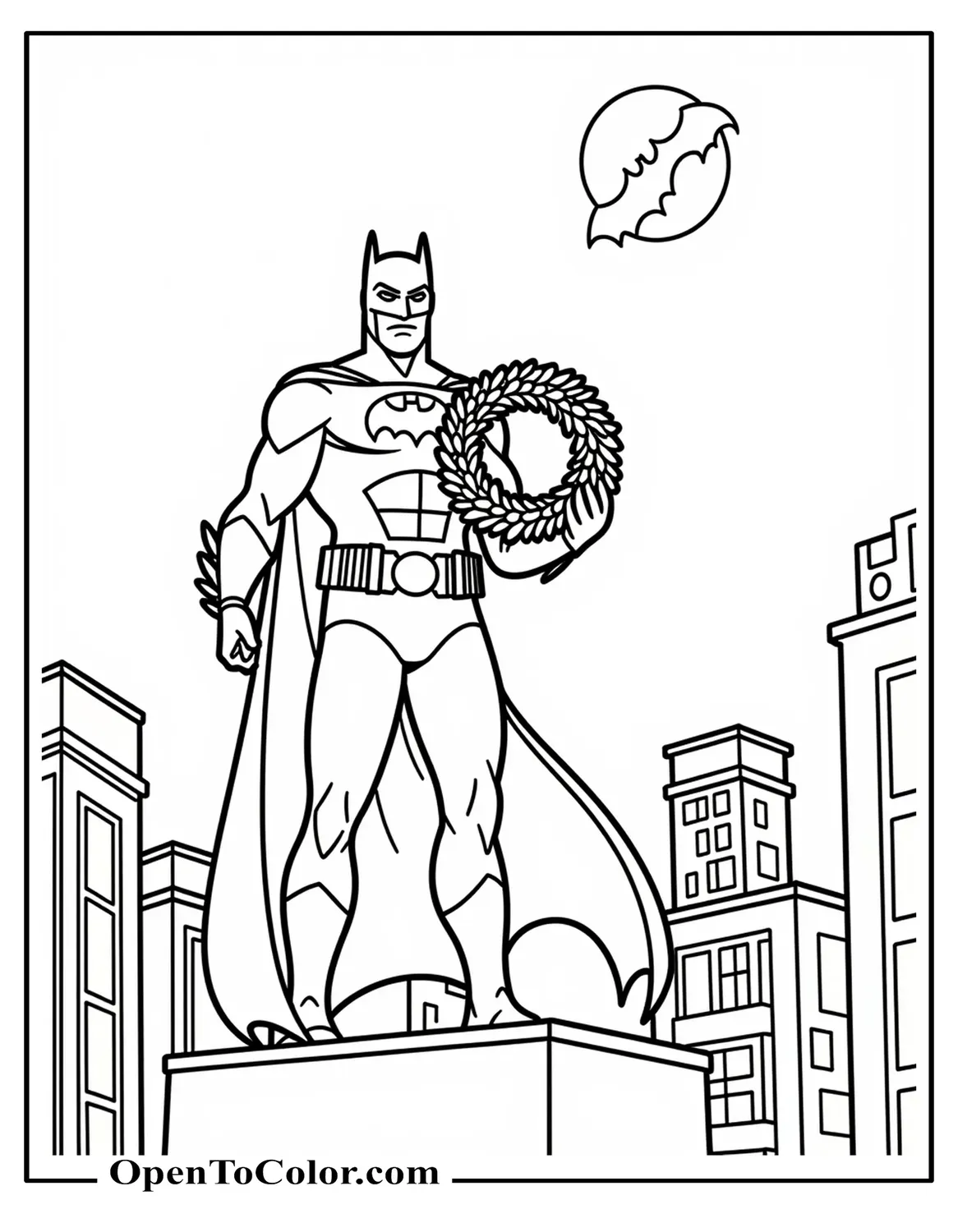 Batman standing on a rooftop holding a wreath, Bat Signal in sky, coloring page, PDF.